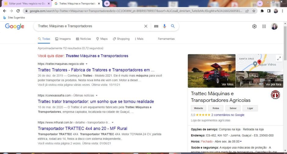 página da Trattec Máquinas e Transportadores no Google Meu Negócio