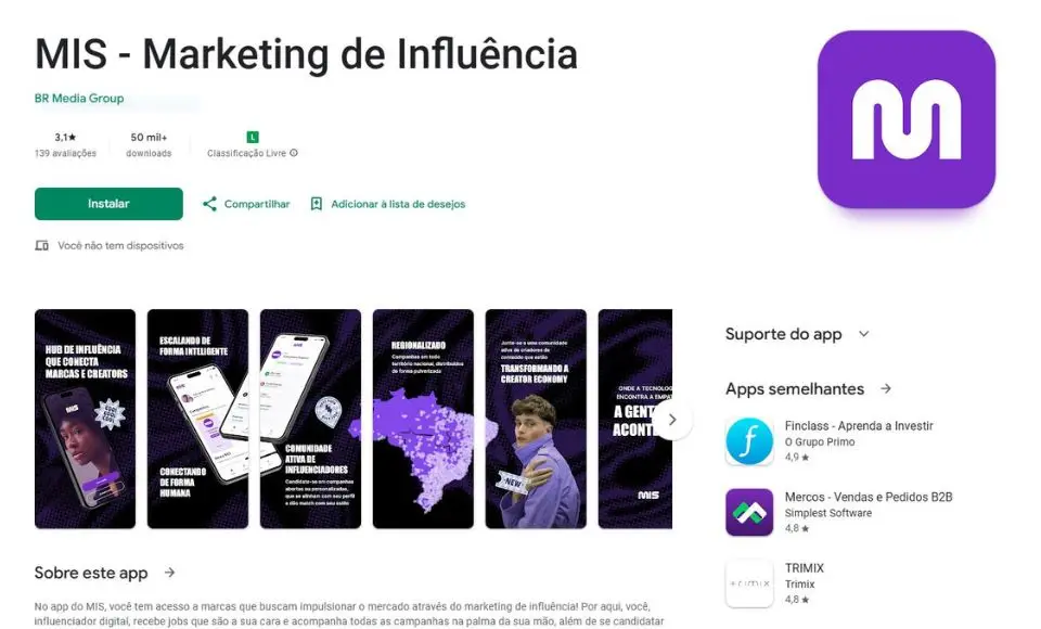 Imagem do aplicativo MIS, um dos que pagam influenciadores digitais.